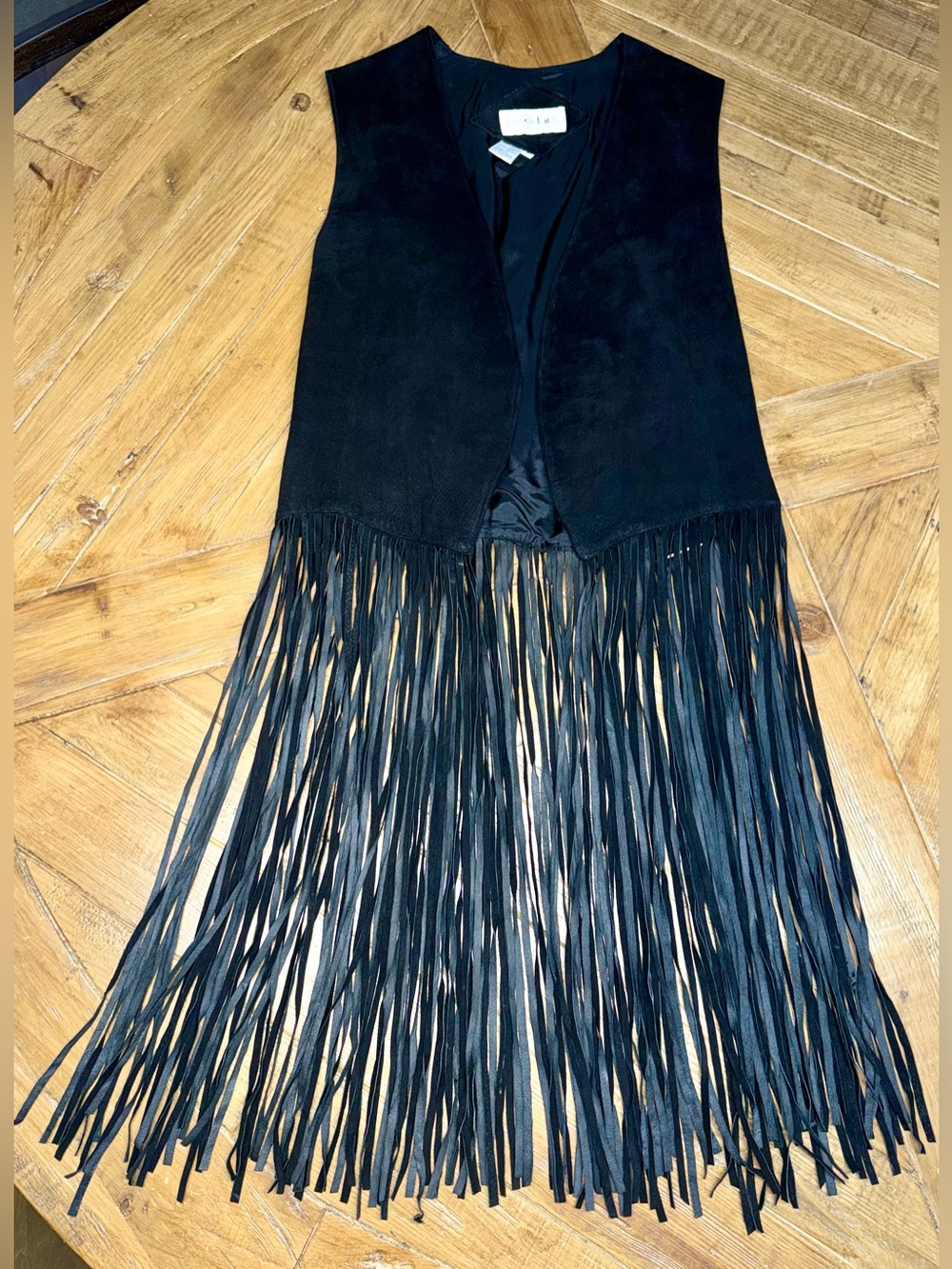 Vintage Cedars Black Suede Leather Extra Long Fringe Vest Size M Boho Western Y2